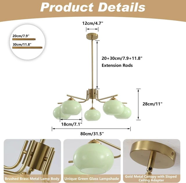 Alt view image 2 of 7 - KCO Mid Century Modern Gold 5-Light Mint Green Glass Sputnik Chandelier