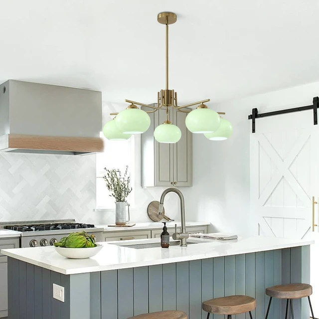 Alt view image 4 of 7 - KCO Mid Century Modern Gold 5-Light Mint Green Glass Sputnik Chandelier