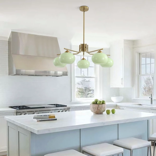 Alt view image 5 of 7 - KCO Mid Century Modern Gold 5-Light Mint Green Glass Sputnik Chandelier