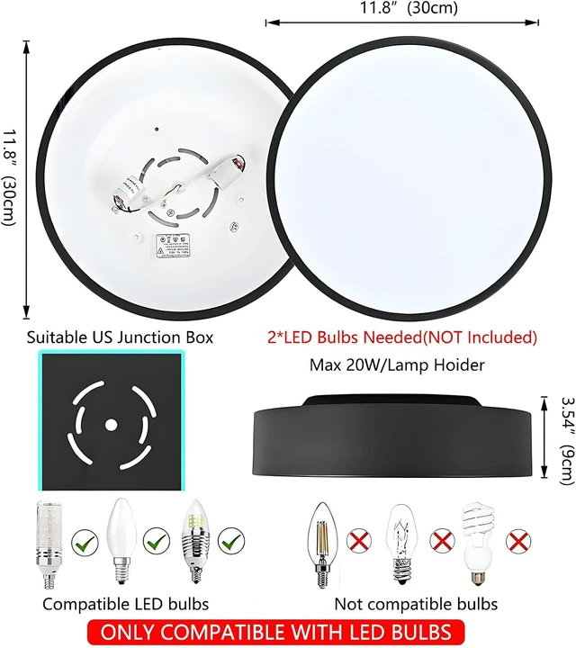 Alt view image 3 of 7 - 2-Light Modern Black Flush Mount Ceiling Light 11.8 Inch