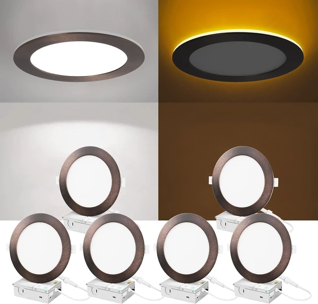 Main image of ZYC Recessed Lighting 6 Inch - 12W 1100LM LED Recessed Ceiling Light with Night Light,2700K/3000K/4000K/5000K/6000K Selectable Ultra-Thin Lighting,Dimmable Canless Wafer Downlight,Pack of 6Bronze.