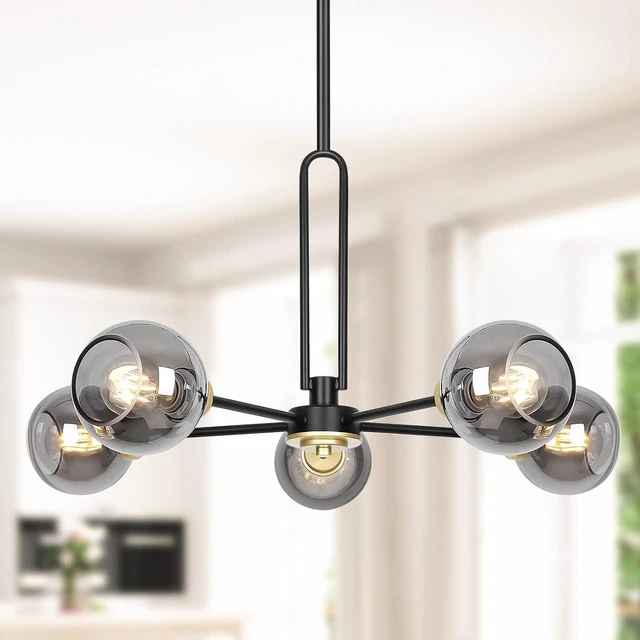 Main image of 5-Light Black Sputnik Smoked Glass Ceiling Light Globe Chandelier