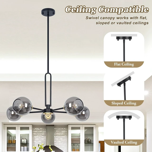 Alt view image 3 of 7 - 5-Light Black Sputnik Smoked Glass Ceiling Light Globe Chandelier