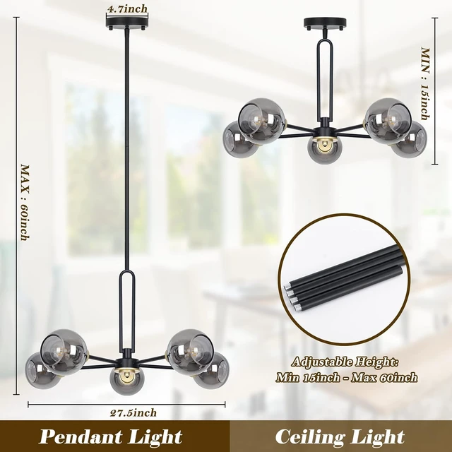 Alt view image 2 of 7 - 5-Light Black Sputnik Smoked Glass Ceiling Light Globe Chandelier