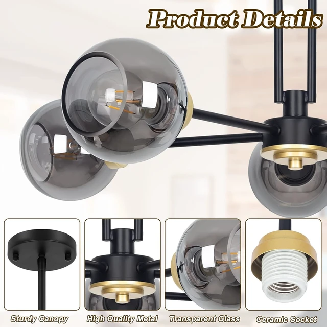 Alt view image 5 of 7 - 5-Light Black Sputnik Smoked Glass Ceiling Light Globe Chandelier