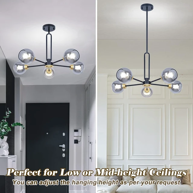 Alt view image 6 of 7 - 5-Light Black Sputnik Smoked Glass Ceiling Light Globe Chandelier