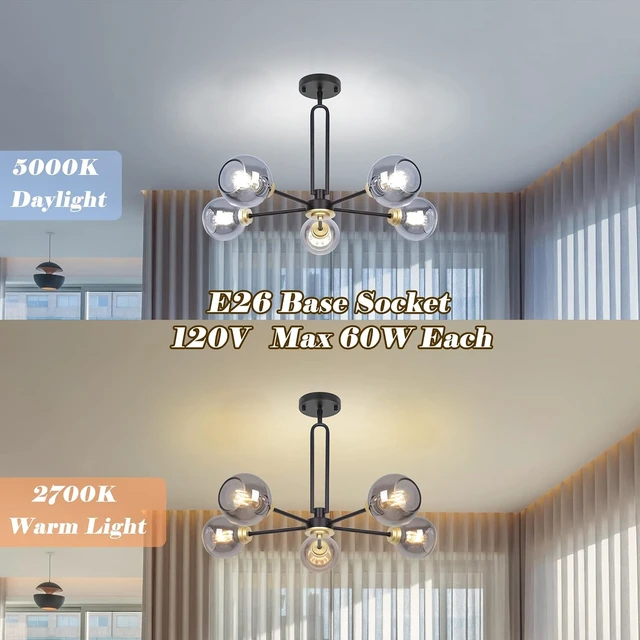 Alt view image 7 of 7 - 5-Light Black Sputnik Smoked Glass Ceiling Light Globe Chandelier