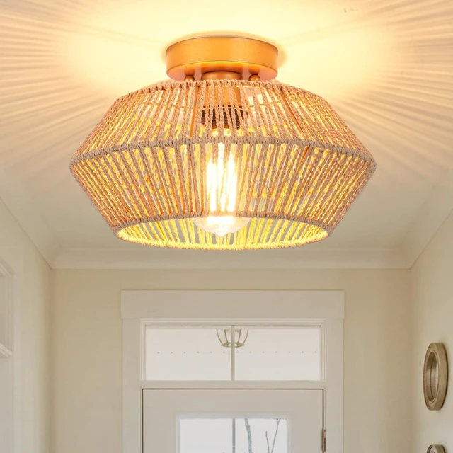 Main image of VILUXY Rattan Ceiling Light Fixture Boho Ceiling Flush Mount Ceiling Lamp Hand-Made Woven Mini Chandelier Gold Brass Brush Paint Finish for Entryway Hallway Kitchen Bedroom