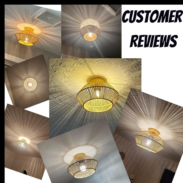 Alt view image 2 of 6 - VILUXY Rattan Ceiling Light Fixture Boho Ceiling Flush Mount Ceiling Lamp Hand-Made Woven Mini Chandelier Gold Brass Brush Paint Finish for Entryway Hallway Kitchen Bedroom