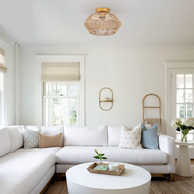 Alt view image 3 of 6 - VILUXY Rattan Ceiling Light Fixture Boho Ceiling Flush Mount Ceiling Lamp Hand-Made Woven Mini Chandelier Gold Brass Brush Paint Finish for Entryway Hallway Kitchen Bedroom