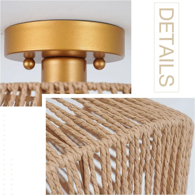 Alt view image 5 of 6 - VILUXY Rattan Ceiling Light Fixture Boho Ceiling Flush Mount Ceiling Lamp Hand-Made Woven Mini Chandelier Gold Brass Brush Paint Finish for Entryway Hallway Kitchen Bedroom