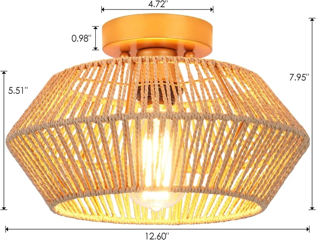 Alt view image 6 of 6 - VILUXY Rattan Ceiling Light Fixture Boho Ceiling Flush Mount Ceiling Lamp Hand-Made Woven Mini Chandelier Gold Brass Brush Paint Finish for Entryway Hallway Kitchen Bedroom