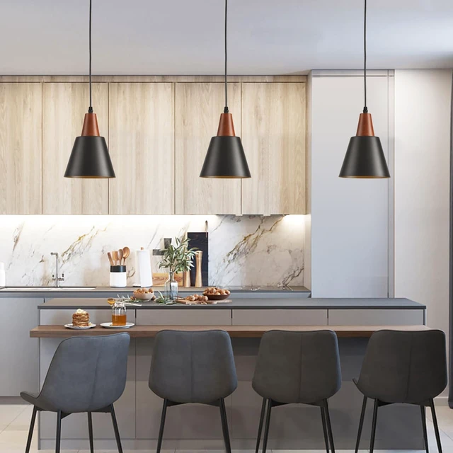 Alt view image 2 of 7 - 2 Pack Pendant Lights, Black Pendant Lights Kitchen Island,Wood Dome Minimalist Industrial Ceiling Hanging Lights for Kitchen Island, Barn, Dining Room, Living Roo m, Bedroom