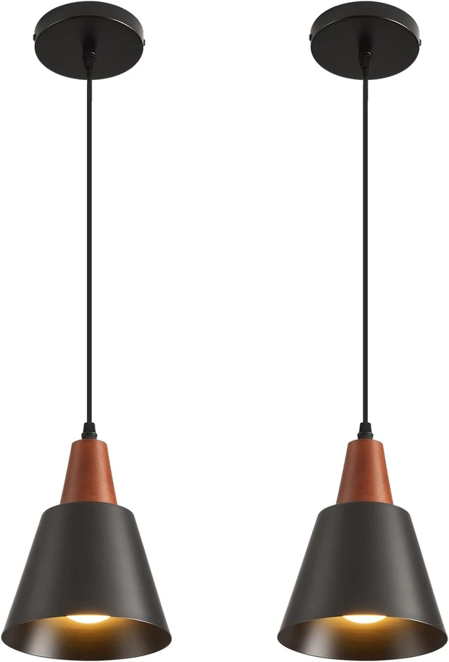 Alt view image 3 of 7 - 2 Pack Pendant Lights, Black Pendant Lights Kitchen Island,Wood Dome Minimalist Industrial Ceiling Hanging Lights for Kitchen Island, Barn, Dining Room, Living Roo m, Bedroom