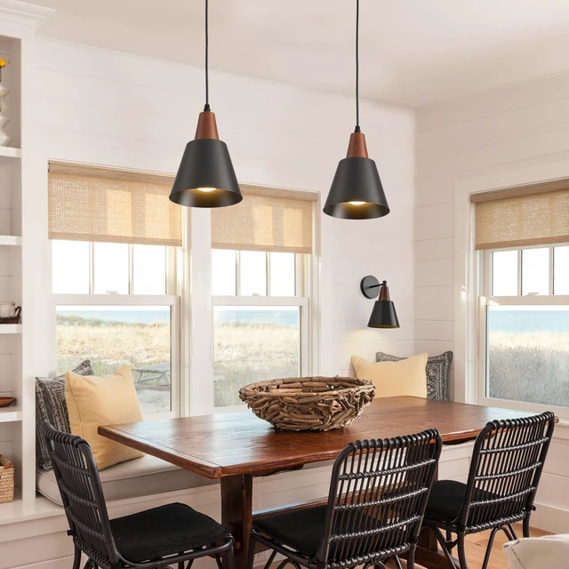 Alt view image 4 of 7 - 2 Pack Pendant Lights, Black Pendant Lights Kitchen Island,Wood Dome Minimalist Industrial Ceiling Hanging Lights for Kitchen Island, Barn, Dining Room, Living Roo m, Bedroom
