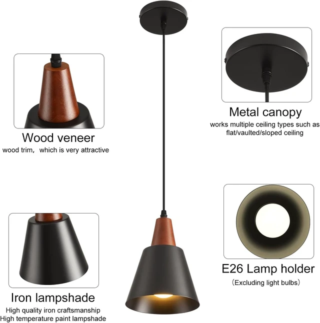 Alt view image 5 of 7 - 2 Pack Pendant Lights, Black Pendant Lights Kitchen Island,Wood Dome Minimalist Industrial Ceiling Hanging Lights for Kitchen Island, Barn, Dining Room, Living Roo m, Bedroom