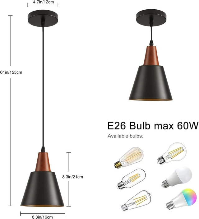 Alt view image 6 of 7 - 2 Pack Pendant Lights, Black Pendant Lights Kitchen Island,Wood Dome Minimalist Industrial Ceiling Hanging Lights for Kitchen Island, Barn, Dining Room, Living Roo m, Bedroom