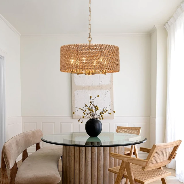 Alt view image 2 of 7 - 20" Boho Rattan Chandelier, 6-Light Gold Wicker Light Fixture
