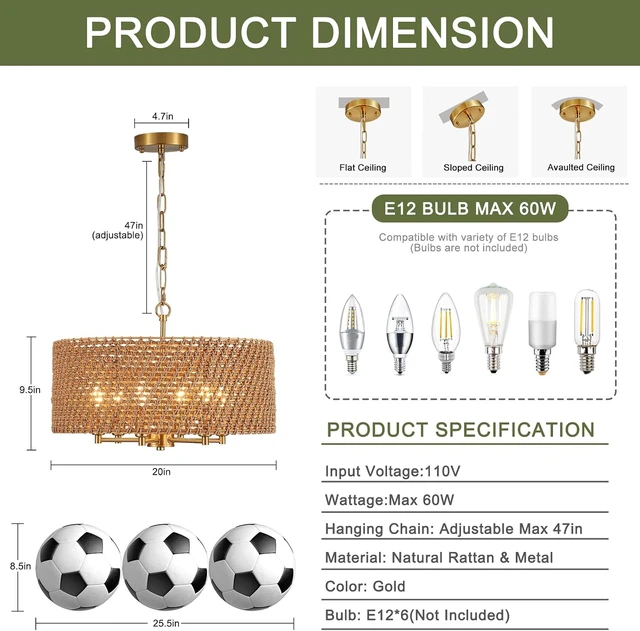 Alt view image 3 of 7 - 20" Boho Rattan Chandelier, 6-Light Gold Wicker Light Fixture