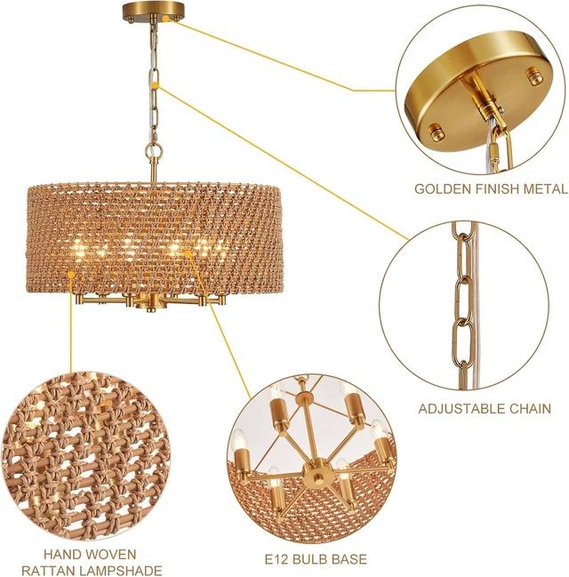 Alt view image 4 of 7 - 20" Boho Rattan Chandelier, 6-Light Gold Wicker Light Fixture