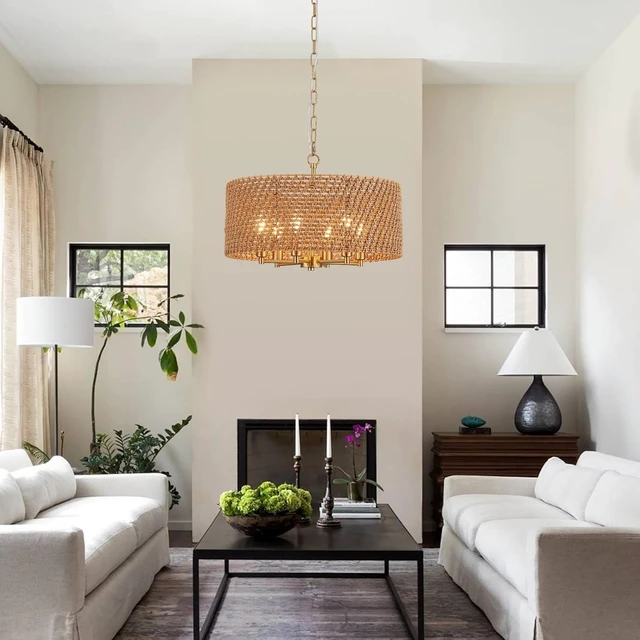 Alt view image 7 of 7 - 20" Boho Rattan Chandelier, 6-Light Gold Wicker Light Fixture