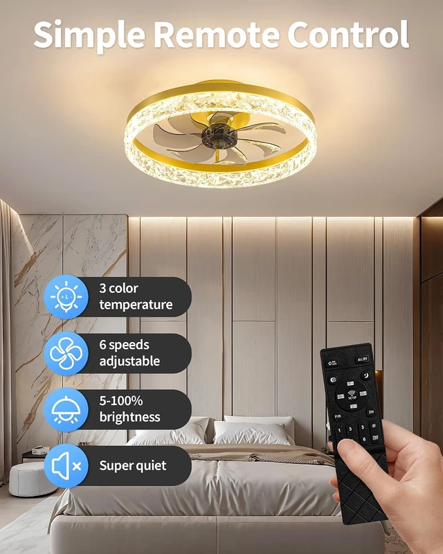 Alt view image 2 of 6 - KDG 19.7" Gold Low Profile Ceiling Fans with Light, Bedroom Fan Lighting