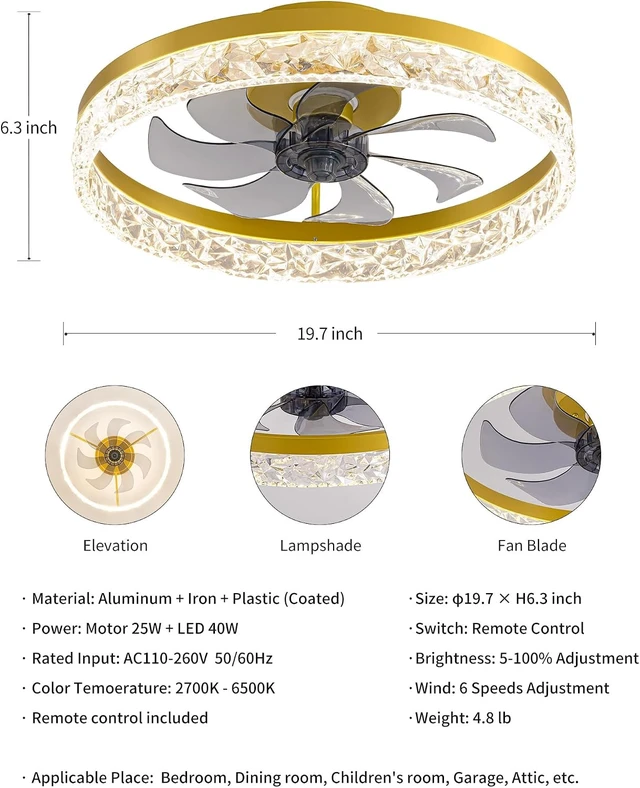 Alt view image 5 of 6 - KDG 19.7" Gold Low Profile Ceiling Fans with Light, Bedroom Fan Lighting