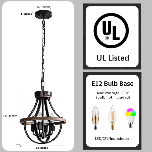 Alt view image 5 of 7 - Farmhouse Chandelier, Modern Hanging Pendant Lighting, 4-Light Rustic Ceiling Light Fixture, Vintage Chandelier for Hallway Foyer Dining Room Entryway Kitchen Island Bedroom