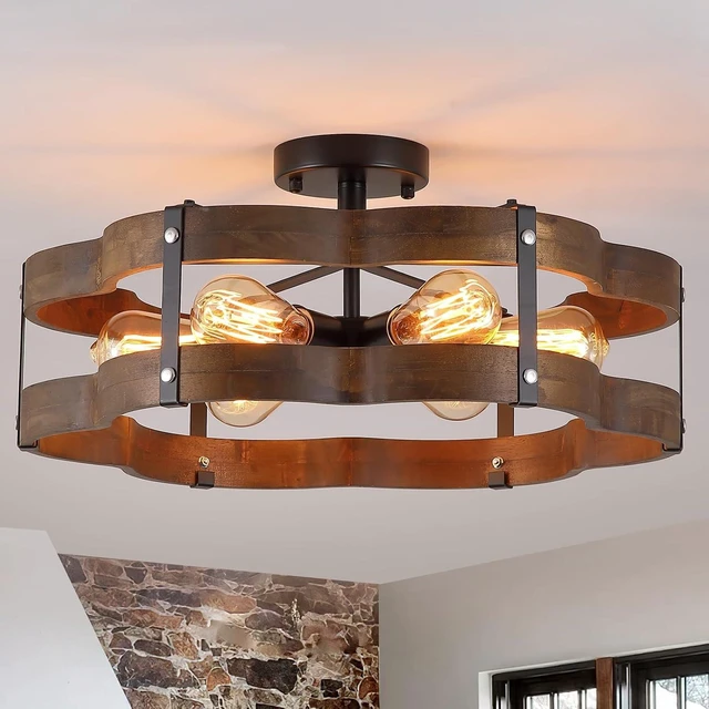 Main image of 6-Light Rustic Farmhouse Wood Flush Mount Ceiling Light Fixture 20 inch Oak Wood and Metal Cloud Cage Semi Flush Mount Ceiling Light for Hallway Entry Dining Farmhouse Bedroom Living Room, Black