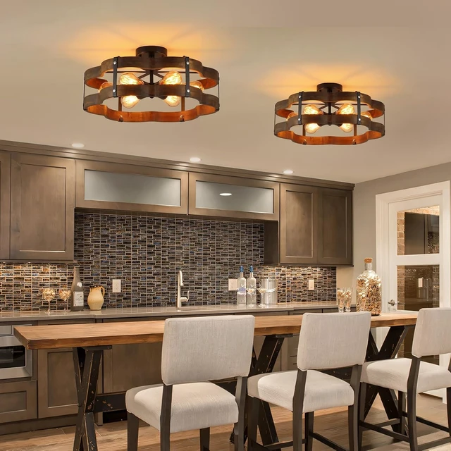 Alt view image 2 of 7 - 6-Light Rustic Farmhouse Wood Flush Mount Ceiling Light Fixture 20 inch Oak Wood and Metal Cloud Cage Semi Flush Mount Ceiling Light for Hallway Entry Dining Farmhouse Bedroom Living Room, Black