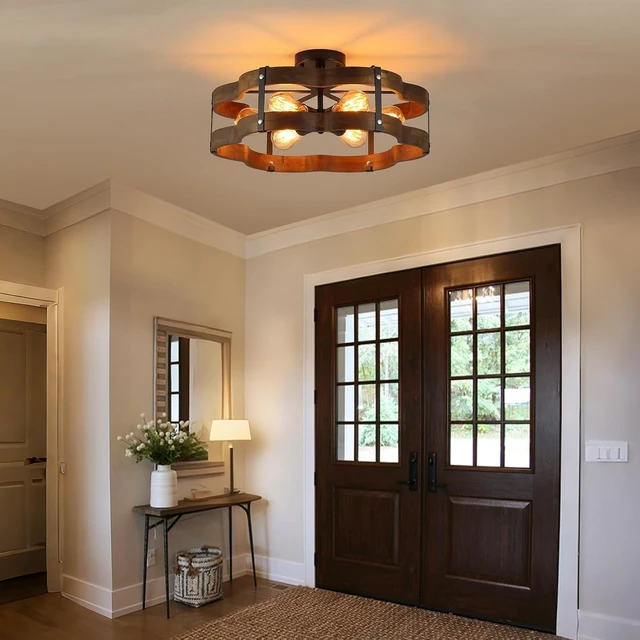 Alt view image 3 of 7 - 6-Light Rustic Farmhouse Wood Flush Mount Ceiling Light Fixture 20 inch Oak Wood and Metal Cloud Cage Semi Flush Mount Ceiling Light for Hallway Entry Dining Farmhouse Bedroom Living Room, Black
