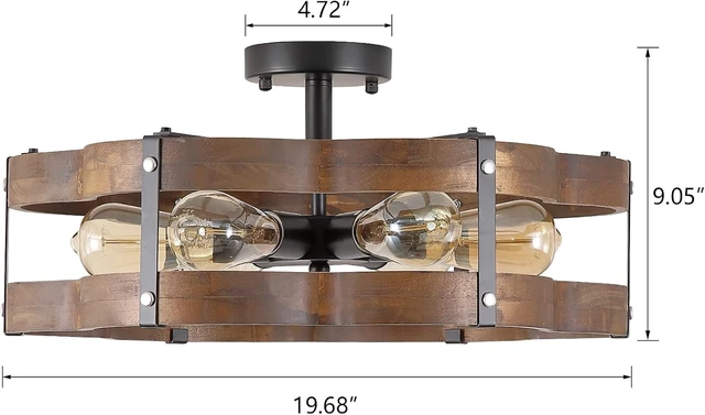 Alt view image 4 of 7 - 6-Light Rustic Farmhouse Wood Flush Mount Ceiling Light Fixture 20 inch Oak Wood and Metal Cloud Cage Semi Flush Mount Ceiling Light for Hallway Entry Dining Farmhouse Bedroom Living Room, Black