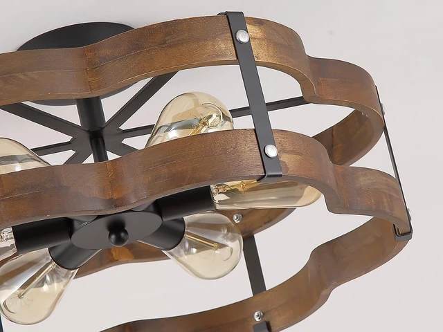 Alt view image 5 of 7 - 6-Light Rustic Farmhouse Wood Flush Mount Ceiling Light Fixture 20 inch Oak Wood and Metal Cloud Cage Semi Flush Mount Ceiling Light for Hallway Entry Dining Farmhouse Bedroom Living Room, Black