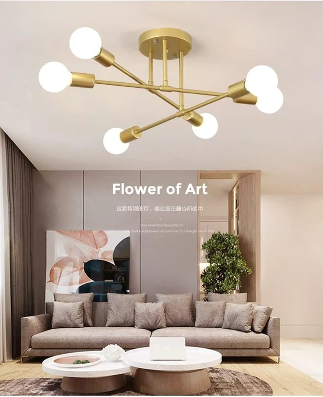 Alt view image 3 of 4 - Semi Flush Mount Ceiling Light Fixture, Modern Sputnik Chandelier, 6 Lights Modern Sputnik Chandelier Ceiling Lamp with E26 Bulb Base, Light Fixtures Ceiling Mount for Living Room (Golden)