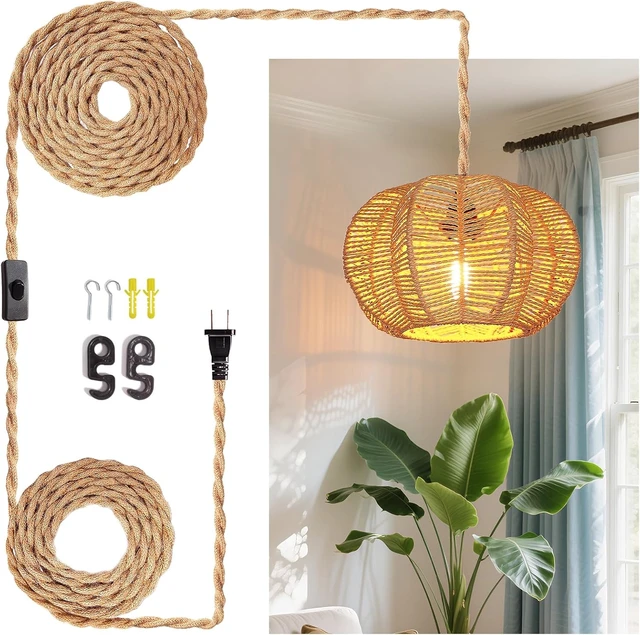 Main image of Hanging Light Fixture with Plug in Cord with on Off Switch, Rattan Pendant Lights Boho Lamp Ceiling Light, Plug in Pendant Light Hanging Lamp Shades for Living Room Decor Bedroom Kitchen