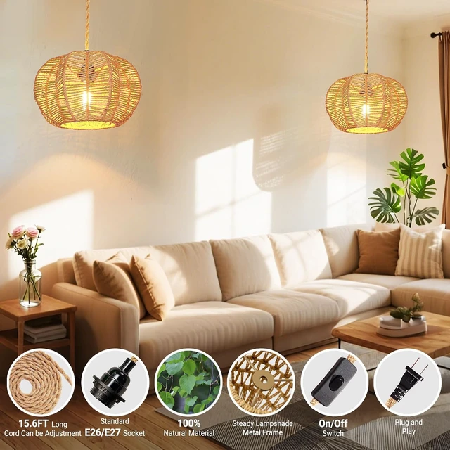 Alt view image 2 of 7 - Hanging Light Fixture with Plug in Cord with on Off Switch, Rattan Pendant Lights Boho Lamp Ceiling Light, Plug in Pendant Light Hanging Lamp Shades for Living Room Decor Bedroom Kitchen