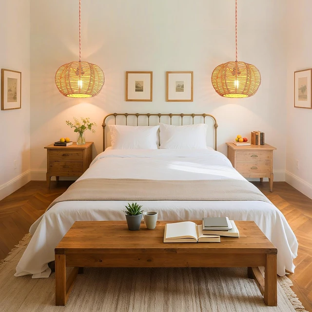 Alt view image 3 of 7 - Hanging Light Fixture with Plug in Cord with on Off Switch, Rattan Pendant Lights Boho Lamp Ceiling Light, Plug in Pendant Light Hanging Lamp Shades for Living Room Decor Bedroom Kitchen