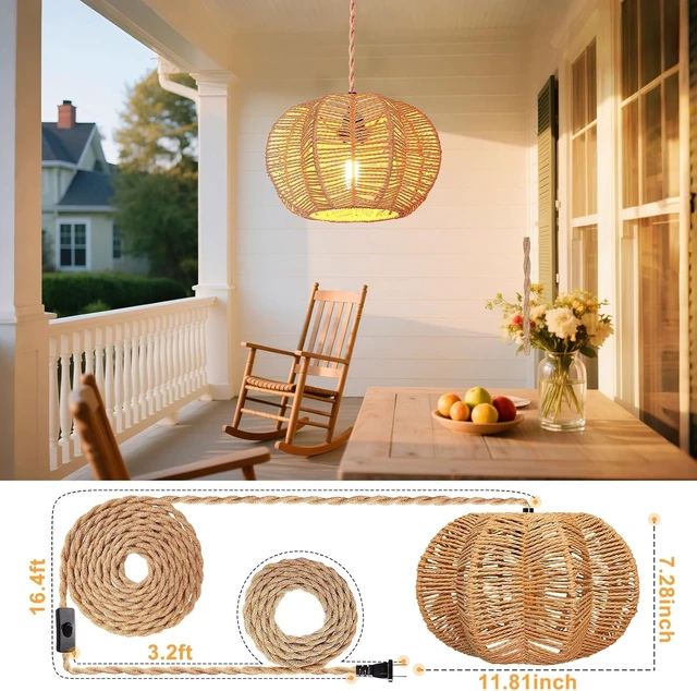 Alt view image 5 of 7 - Hanging Light Fixture with Plug in Cord with on Off Switch, Rattan Pendant Lights Boho Lamp Ceiling Light, Plug in Pendant Light Hanging Lamp Shades for Living Room Decor Bedroom Kitchen
