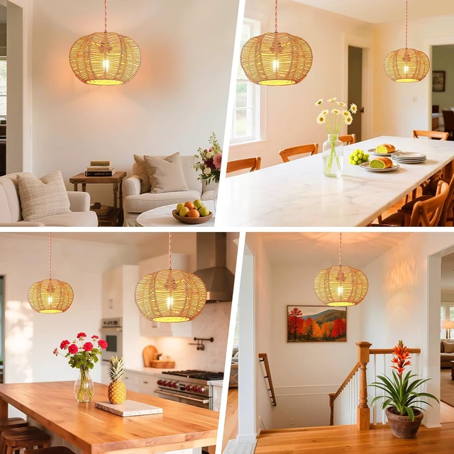 Alt view image 6 of 7 - Hanging Light Fixture with Plug in Cord with on Off Switch, Rattan Pendant Lights Boho Lamp Ceiling Light, Plug in Pendant Light Hanging Lamp Shades for Living Room Decor Bedroom Kitchen