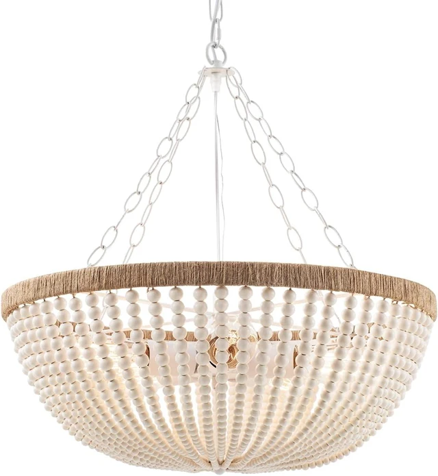 Main image of 5 Lights Bohemia Wood Beaded Chandelier Farmhouse Antique Rustic Pendant Light for Bedroom Kitchen Island Dining Living Room, White, Dia 22 Inch