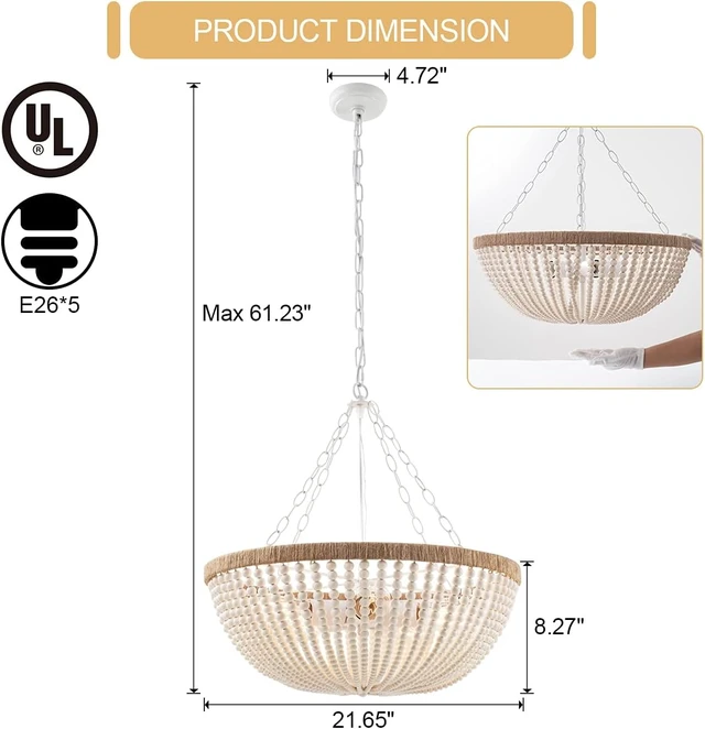 Alt view image 5 of 6 - 5 Lights Bohemia Wood Beaded Chandelier Farmhouse Antique Rustic Pendant Light for Bedroom Kitchen Island Dining Living Room, White, Dia 22 Inch