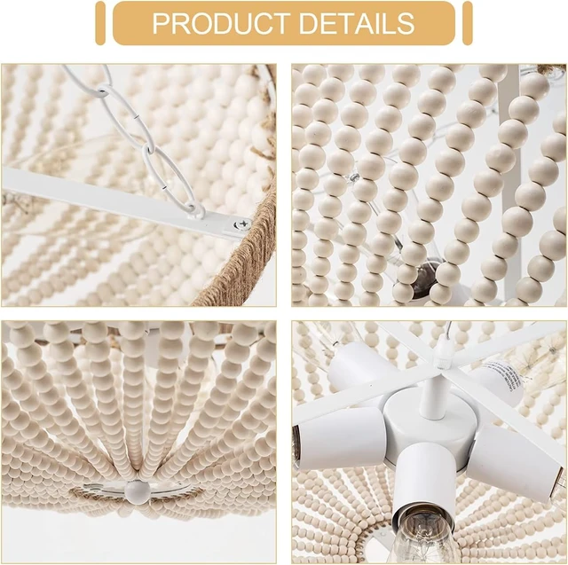 Alt view image 4 of 6 - 5 Lights Bohemia Wood Beaded Chandelier Farmhouse Antique Rustic Pendant Light for Bedroom Kitchen Island Dining Living Room, White, Dia 22 Inch