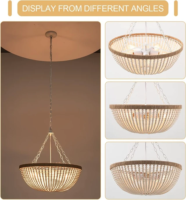 Alt view image 6 of 6 - 5 Lights Bohemia Wood Beaded Chandelier Farmhouse Antique Rustic Pendant Light for Bedroom Kitchen Island Dining Living Room, White, Dia 22 Inch