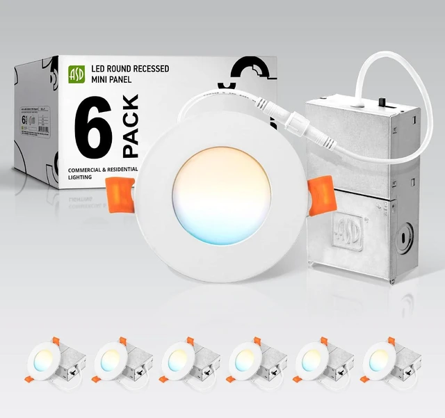 Main image of ASD 6 Pack 3 Inch LED Recessed Light 6W, 5 CCT 2700K-5000K CRI90+, IC Rated Ultra Thin Dimmable Ceiling Lights with J Box, Canless Wafer Downlight, Round Slim Panel Lighting, UL Energy Star, White
