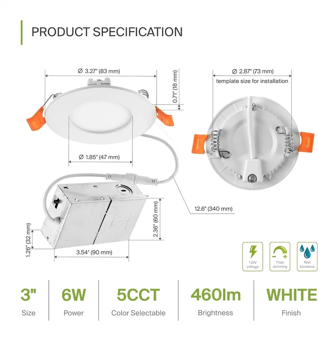 Alt view image 2 of 7 - ASD 6 Pack 3 Inch LED Recessed Light 6W, 5 CCT 2700K-5000K CRI90+, IC Rated Ultra Thin Dimmable Ceiling Lights with J Box, Canless Wafer Downlight, Round Slim Panel Lighting, UL Energy Star, White