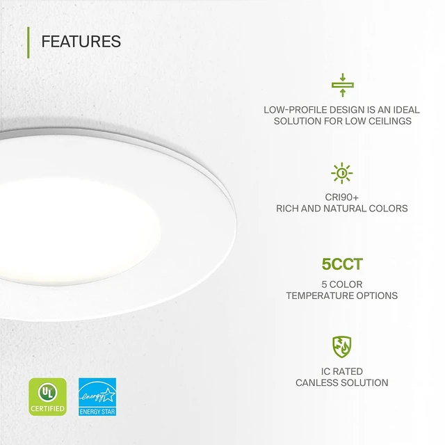 Alt view image 3 of 7 - ASD 6 Pack 3 Inch LED Recessed Light 6W, 5 CCT 2700K-5000K CRI90+, IC Rated Ultra Thin Dimmable Ceiling Lights with J Box, Canless Wafer Downlight, Round Slim Panel Lighting, UL Energy Star, White