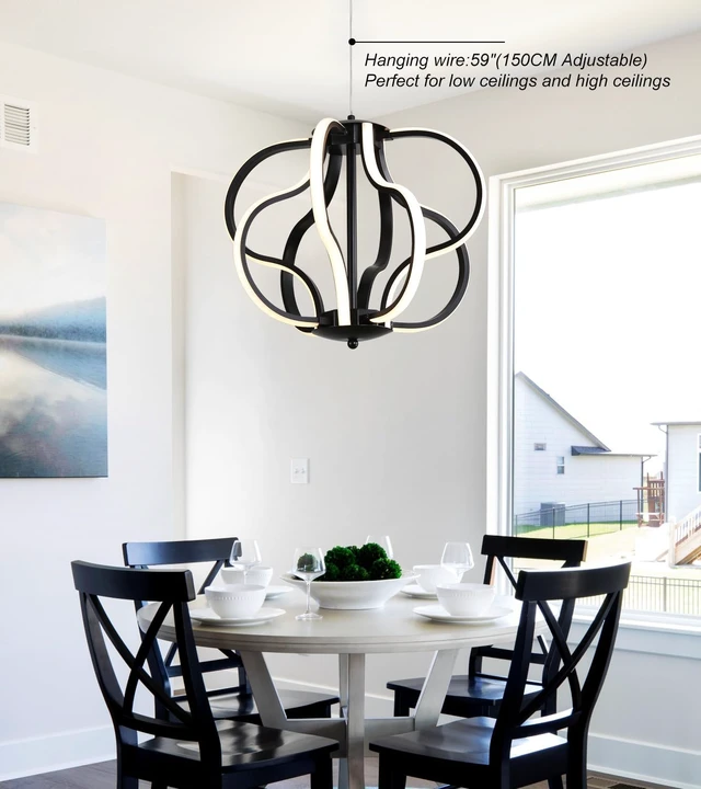 Alt view image 3 of 7 - Modern Black LED Chandelier Ceiling Light Fixture, 8 Lights Hanging Pendant Lights for Dining Room Foyer Entryway Kitchen Living Room.