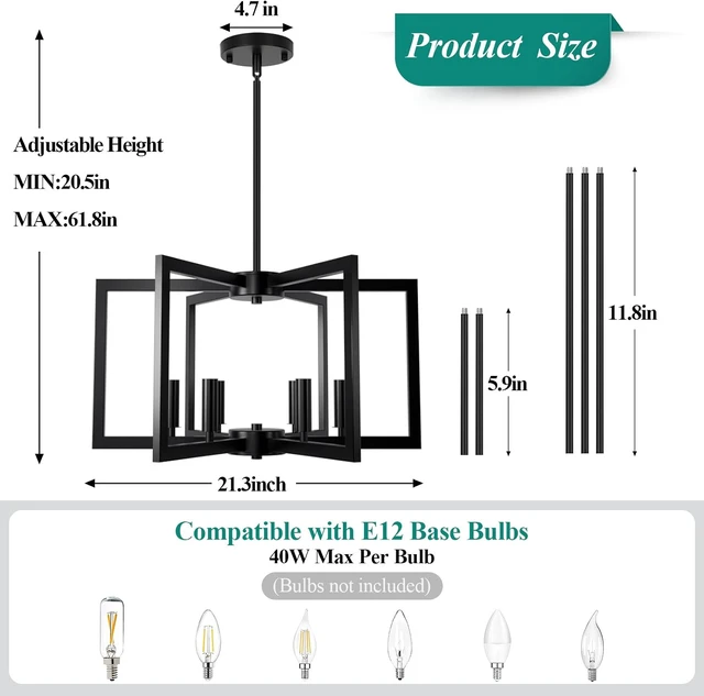 Alt view image 2 of 7 - Bairth 20"-62" Height Adjustable Black Kitchen Chandelier for Dining Room