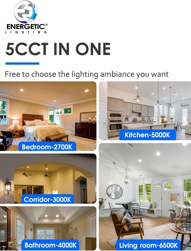 Alt view image 3 of 7 - 12 Pack 5/6 Inch 5CCT LED Recessed Lighting Retrofit, 2700K/3000K/4000K/5000K/6500K Selectable, Dimmable Can Lights with Baffle Trim, 12W=150W, High Brightness 1000LM, IC& Wet Rated, ETL&FCC Certified