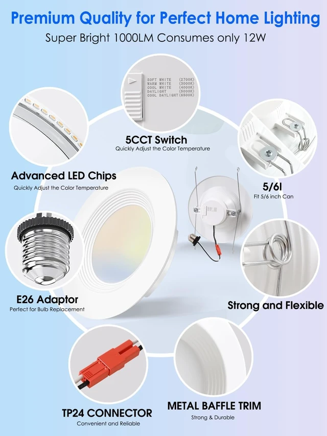 Alt view image 7 of 7 - 12 Pack 5/6 Inch 5CCT LED Recessed Lighting Retrofit, 2700K/3000K/4000K/5000K/6500K Selectable, Dimmable Can Lights with Baffle Trim, 12W=150W, High Brightness 1000LM, IC& Wet Rated, ETL&FCC Certified